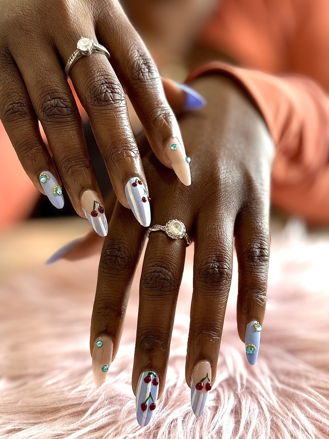 Custom chrome and cherry almond nail art by Shaz Nailed It
